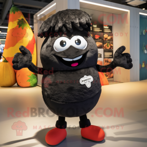 Black Potato mascot costume character dressed with a Bermuda Shorts and Headbands