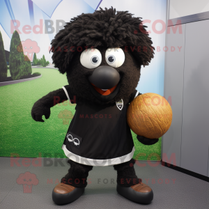 Black Potato mascot costume character dressed with a Bermuda Shorts and Headbands