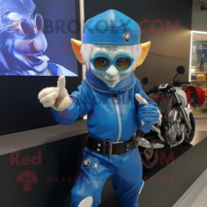 Blue Elf mascot costume character dressed with a Biker Jacket and Digital watches