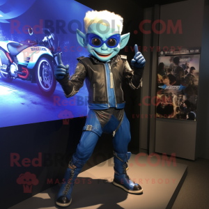 Blue Elf mascot costume character dressed with a Biker Jacket and Digital watches