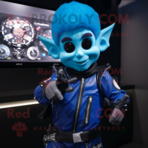 Blue Elf mascot costume character dressed with a Biker Jacket and Digital watches