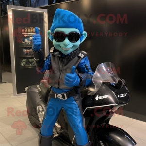 Blue Elf mascot costume character dressed with a Biker Jacket and Digital watches