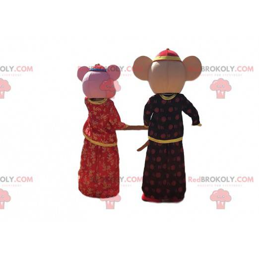 2 mascotes de rato em trajes asiáticos tradicionais -