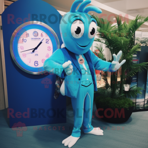 Cyan Shrimp Scampi mascot costume character dressed with a Blazer and Digital watches