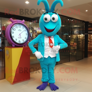 Cyan Shrimp Scampi mascot costume character dressed with a Blazer and Digital watches