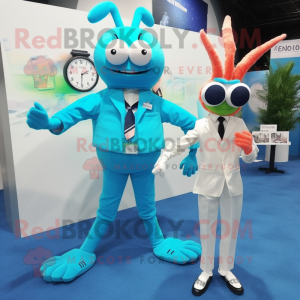 Cyan Shrimp Scampi mascot costume character dressed with a Blazer and Digital watches