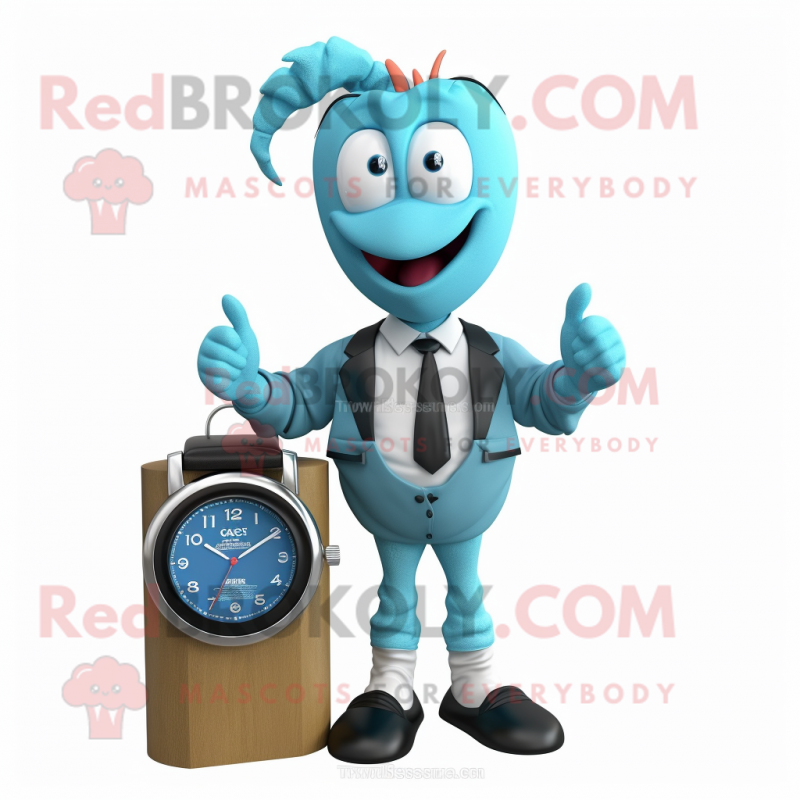 Cyan Shrimp Scampi mascot costume character dressed with a Blazer and Digital watches