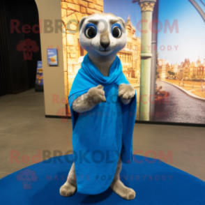 Blue Meerkat mascot costume character dressed with a Mini Skirt and Shawls