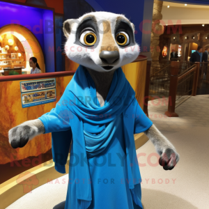 Blue Meerkat mascot costume character dressed with a Mini Skirt and Shawls