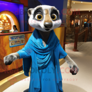 Blue Meerkat mascot costume character dressed with a Mini Skirt and Shawls