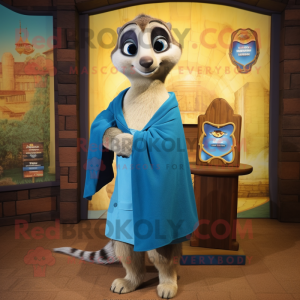 Blue Meerkat mascot costume character dressed with a Mini Skirt and Shawls