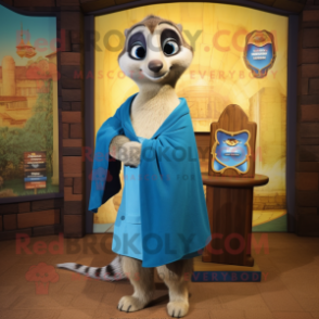Blue Meerkat mascot costume character dressed with a Mini Skirt and Shawls