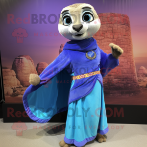 Blue Meerkat mascot costume character dressed with a Mini Skirt and Shawls