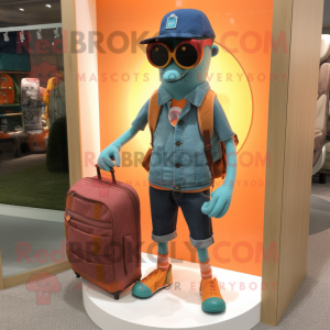 Teal Orange mascot costume character dressed with a Denim Shorts and Wallets