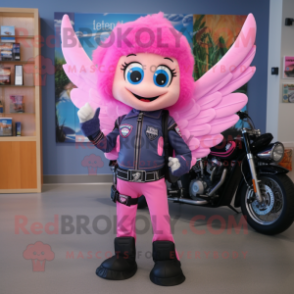 Pink Tooth Fairy mascot costume character dressed with a Moto Jacket and Messenger bags