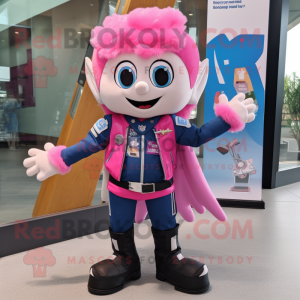 Pink Tooth Fairy mascot costume character dressed with a Moto Jacket and Messenger bags