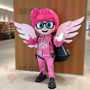 Pink Tooth Fairy mascot costume character dressed with a Moto Jacket and Messenger bags