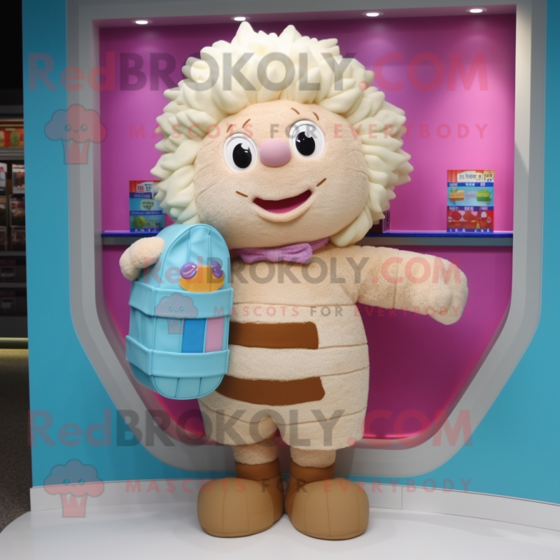 Beige Candy Box mascot costume character dressed with a Cardigan and Handbags Beige Candy Box mascot costume character dressed with a Cardigan and Handbags