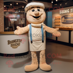 Beige Bagels mascot costume character dressed with a Henley Tee and Suspenders