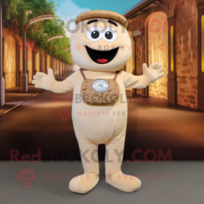 Beige Bagels mascot costume character dressed with a Henley Tee and Suspenders