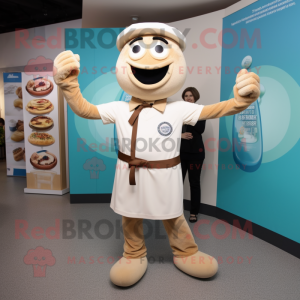 Beige Bagels mascot costume character dressed with a Henley Tee and Suspenders