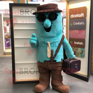 Teal Chocolate Bars mascot costume character dressed with a Trousers and Wallets