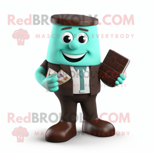 Teal Chocolate Bars mascot costume character dressed with a Trousers and Wallets