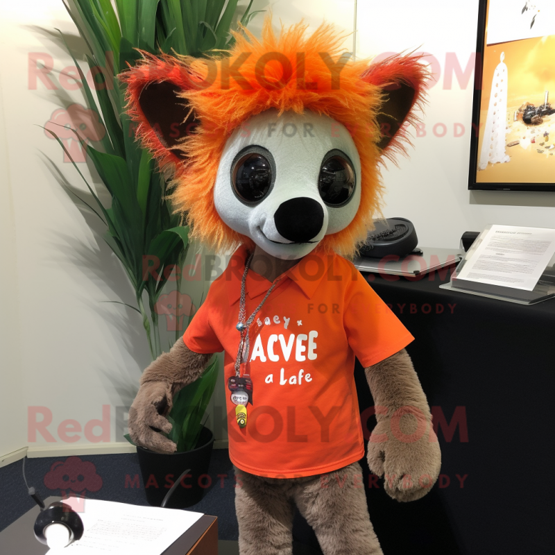 Orange Aye-Aye mascot costume character dressed with a Henley Tee and Hairpins Orange Aye-Aye mascot costume character dressed with a Henley Tee and Hairpins