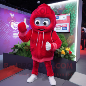 Red Cauliflower mascot costume character dressed with a Hoodie and Smartwatches