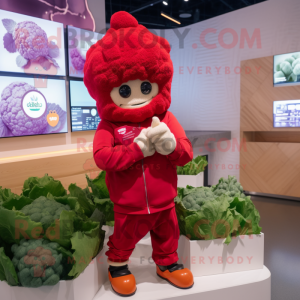 Red Cauliflower mascot costume character dressed with a Hoodie and Smartwatches