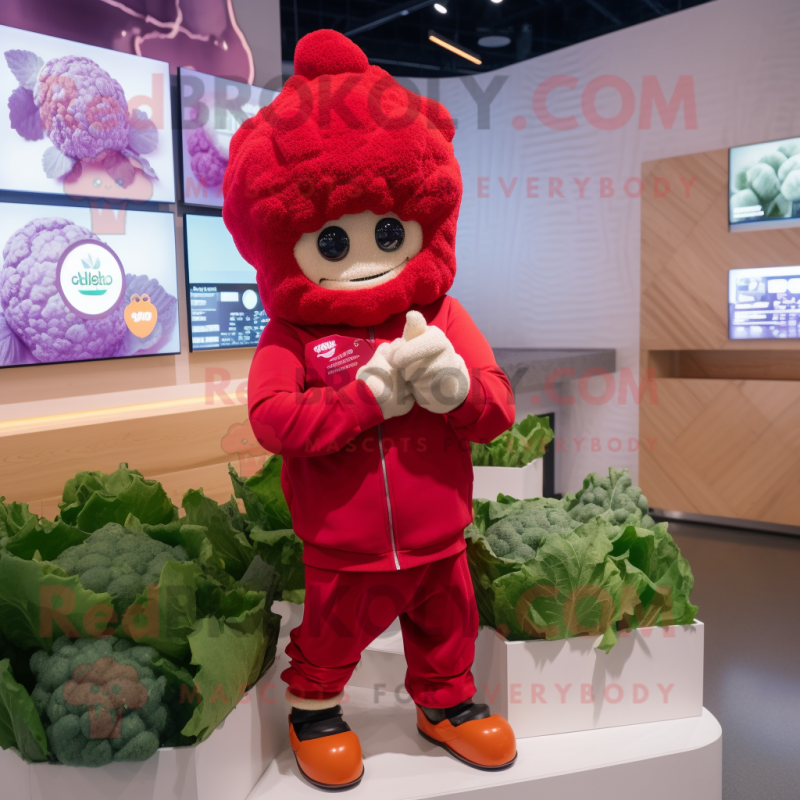 Red Cauliflower mascot costume character dressed with a Hoodie and Smartwatches Red Cauliflower mascot costume character dressed with a Hoodie and Smartwatches