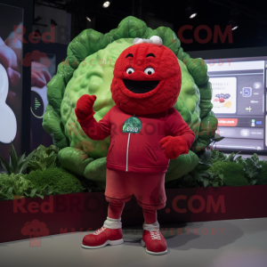 Red Cauliflower mascot costume character dressed with a Hoodie and Smartwatches