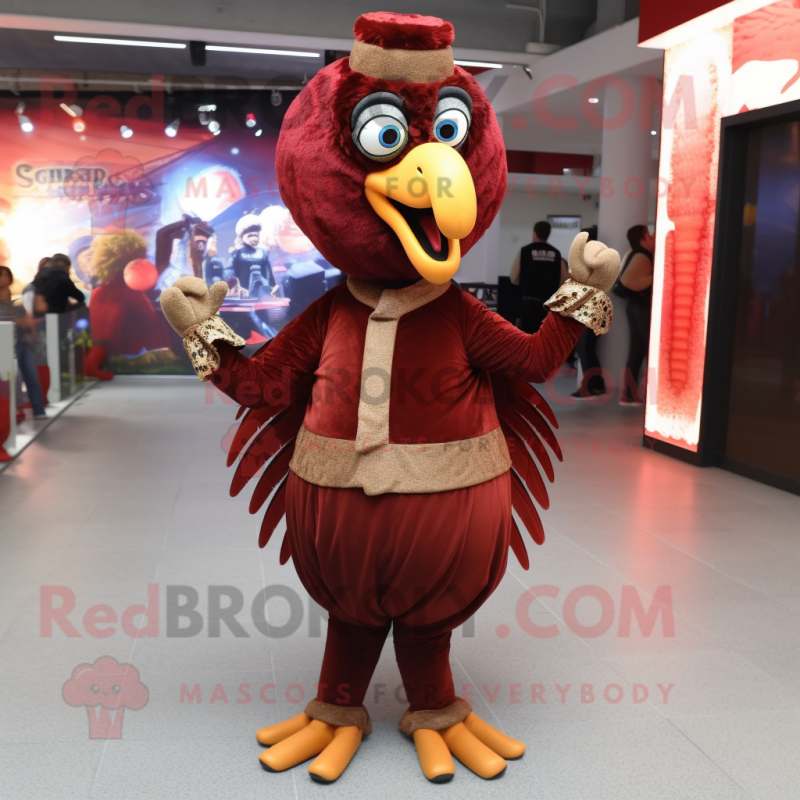 Maroon Turkey mascot costume character dressed with a Trousers and Cummerbunds Maroon Turkey mascot costume character dressed with a Trousers and Cummerbunds