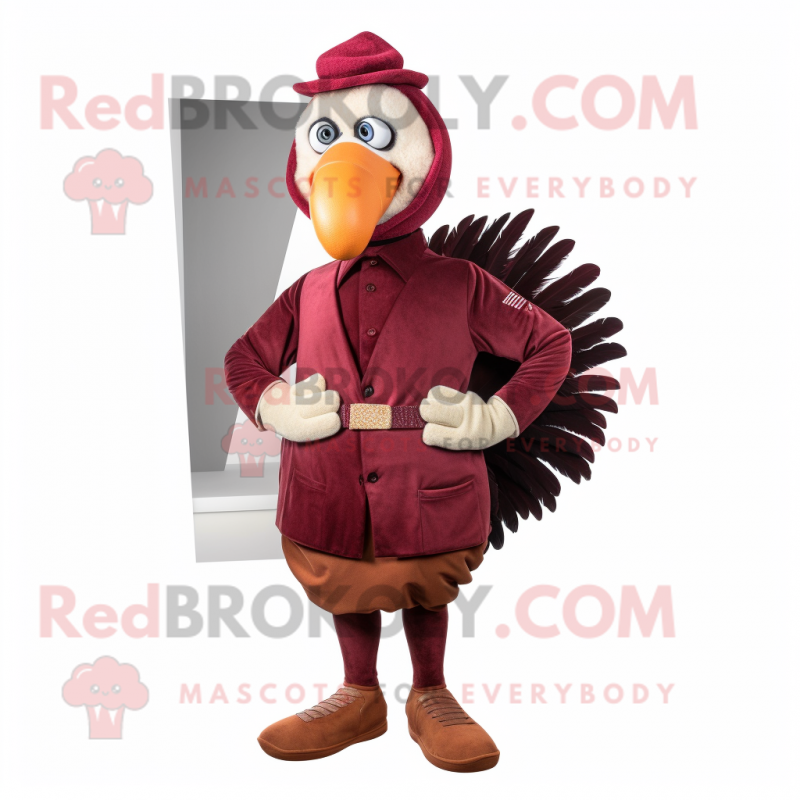 Maroon Turkey mascot costume character dressed with a Trousers and Cummerbunds