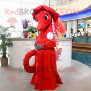 Red Sea Horse mascot costume character dressed with a Wrap Dress and Hat pins