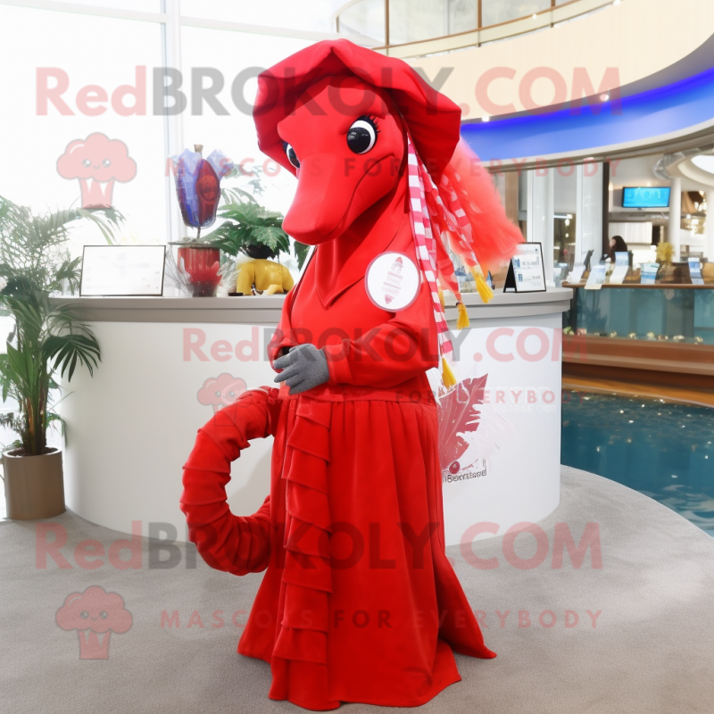 Red Sea Horse mascot costume character dressed with a Wrap Dress and Hat pins Red Sea Horse mascot costume character dressed with a Wrap Dress and Hat pins