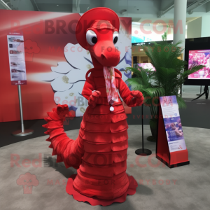 Red Sea Horse mascot costume character dressed with a Wrap Dress and Hat pins