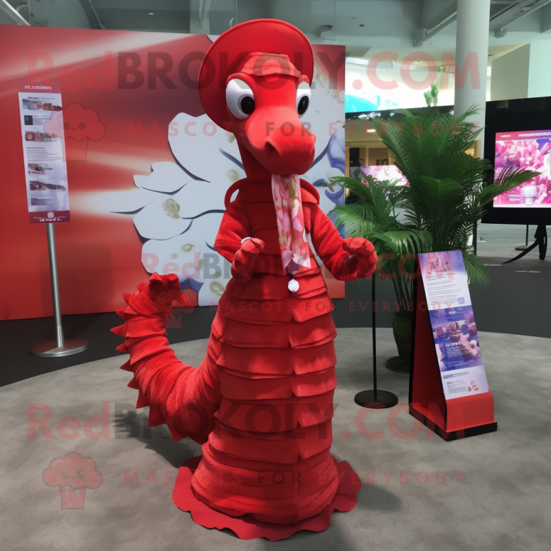 Red Sea Horse mascot costume character dressed with a Wrap Dress and Hat pins Red Sea Horse mascot costume character dressed with a Wrap Dress and Hat pins