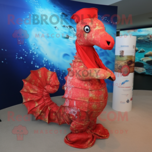 Red Sea Horse mascot costume character dressed with a Wrap Dress and Hat pins