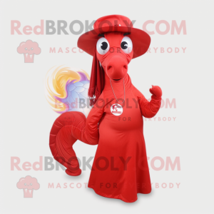 Red Sea Horse mascot costume character dressed with a Wrap Dress and Hat pins