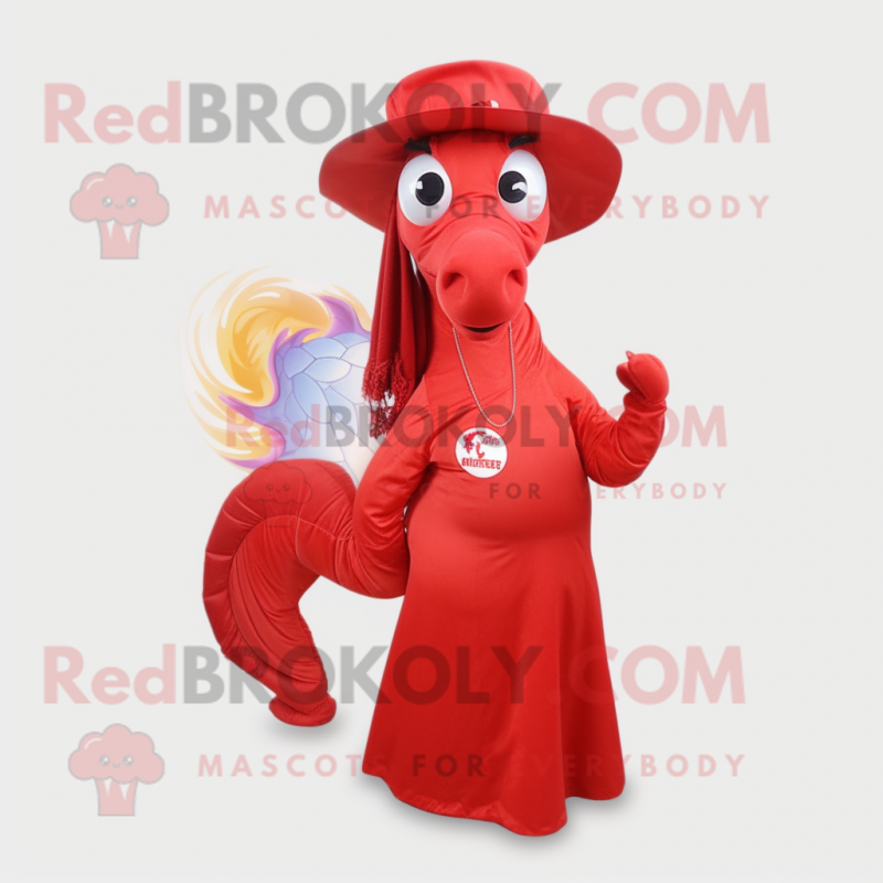 Red Sea Horse mascot costume character dressed with a Wrap Dress and Hat pins Red Sea Horse mascot costume character dressed with a Wrap Dress and Hat pins