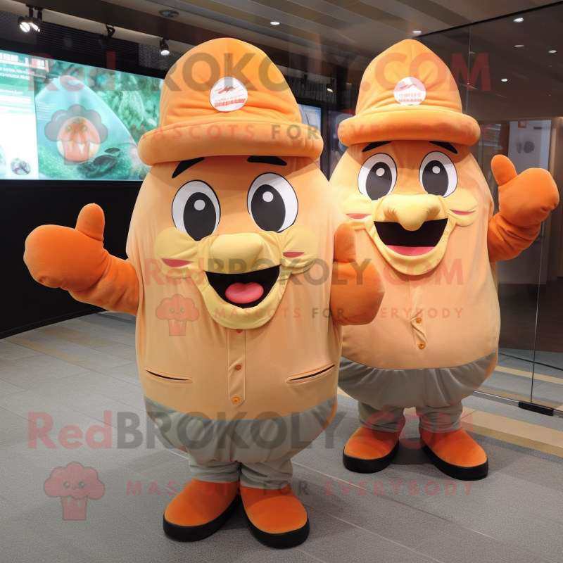 Peach Potato mascot costume character dressed with a Overalls and Hats