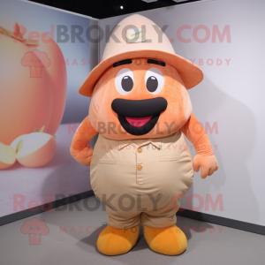 Peach Potato mascot costume character dressed with a Overalls and Hats