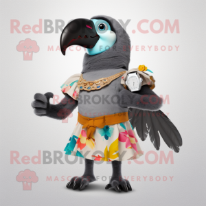 Gray Toucan mascot costume character dressed with a Wrap Dress and Smartwatches