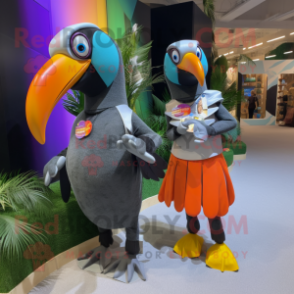 Gray Toucan mascot costume character dressed with a Wrap Dress and Smartwatches