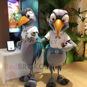 Gray Toucan mascot costume character dressed with a Wrap Dress and Smartwatches