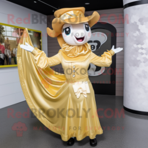 Gold Horseshoe mascot costume character dressed with a Skirt and Gloves