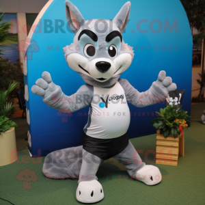 Silver Dingo mascot costume character dressed with a Yoga Pants and Bow ties