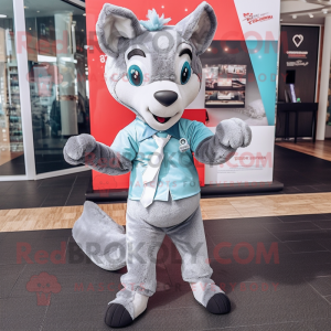 Silver Dingo mascot costume character dressed with a Yoga Pants and Bow ties