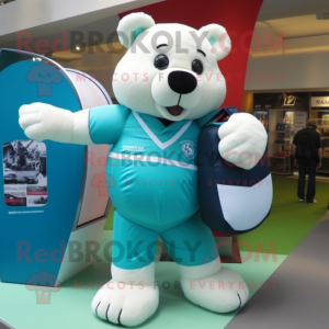 Cyan Bear mascot costume character dressed with a Rugby Shirt and Handbags